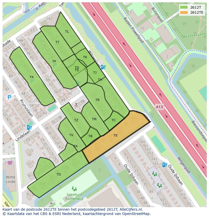 Afbeelding van het postcodegebied 2612 TE op de kaart.