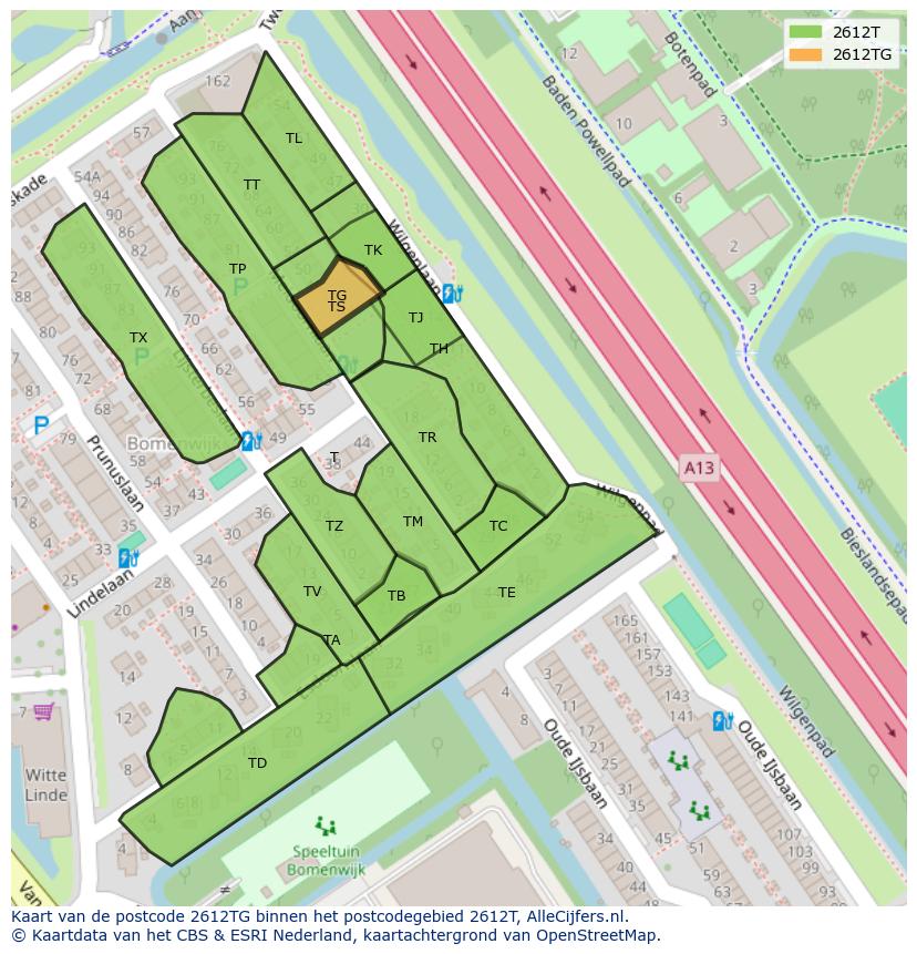 Afbeelding van het postcodegebied 2612 TG op de kaart.