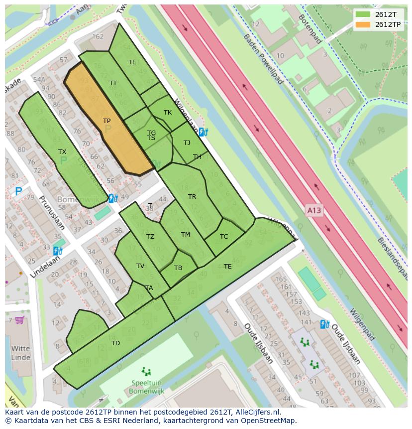 Afbeelding van het postcodegebied 2612 TP op de kaart.