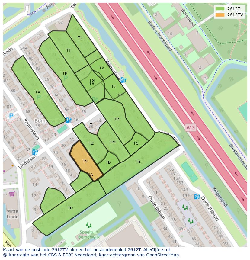 Afbeelding van het postcodegebied 2612 TV op de kaart.