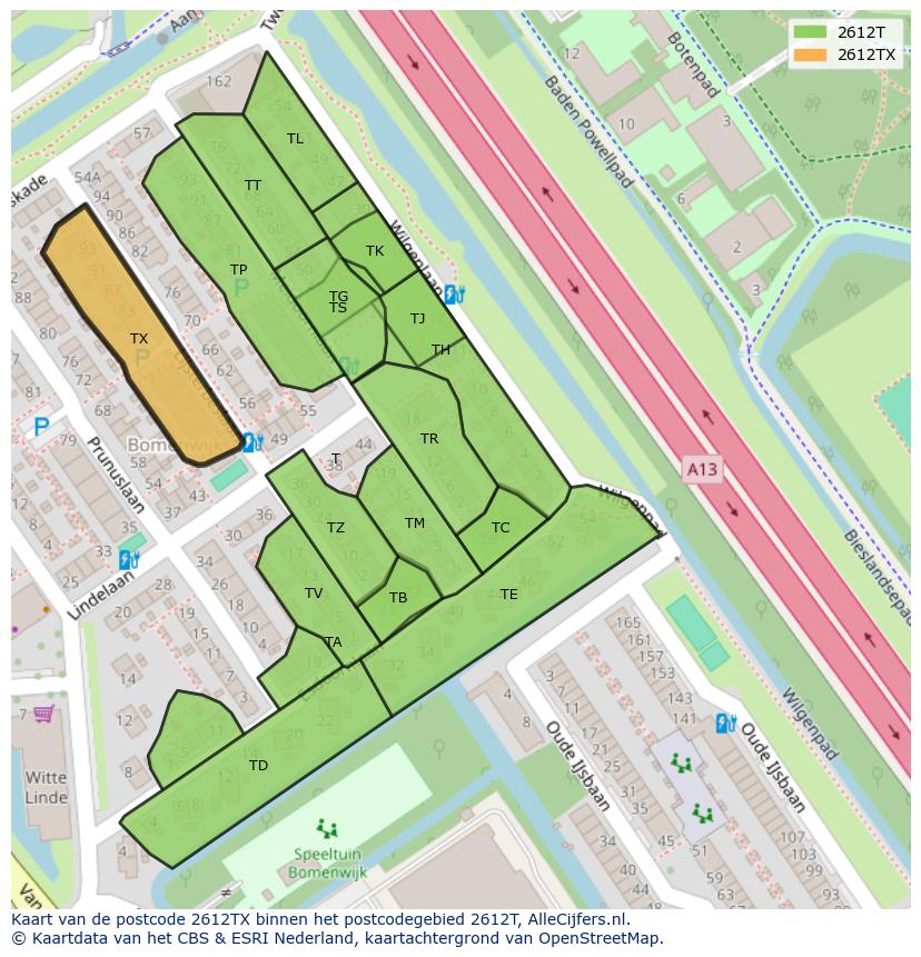 Afbeelding van het postcodegebied 2612 TX op de kaart.