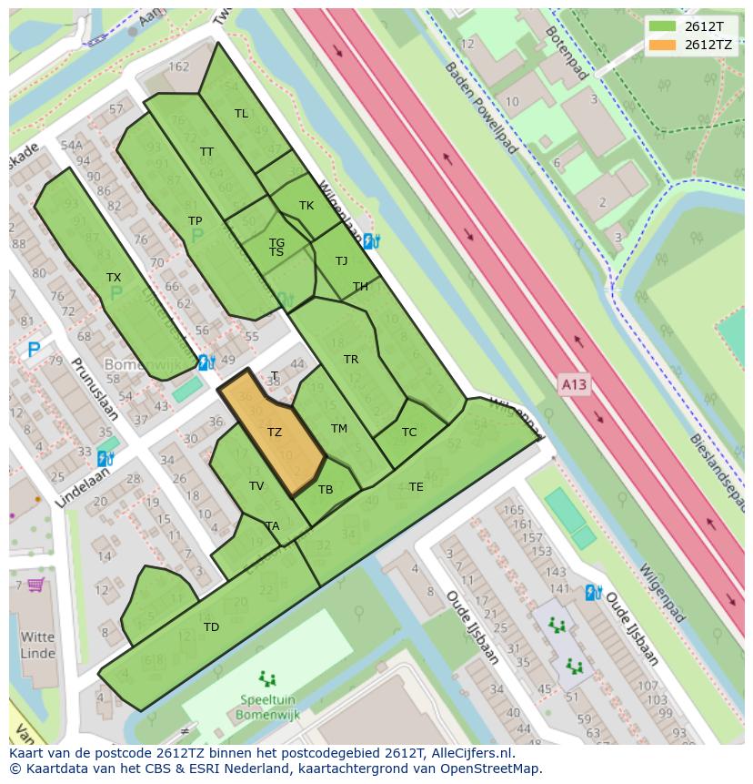 Afbeelding van het postcodegebied 2612 TZ op de kaart.