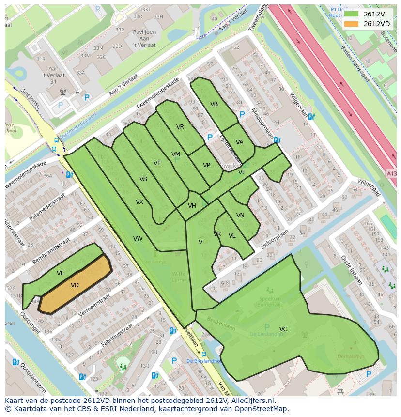 Afbeelding van het postcodegebied 2612 VD op de kaart.