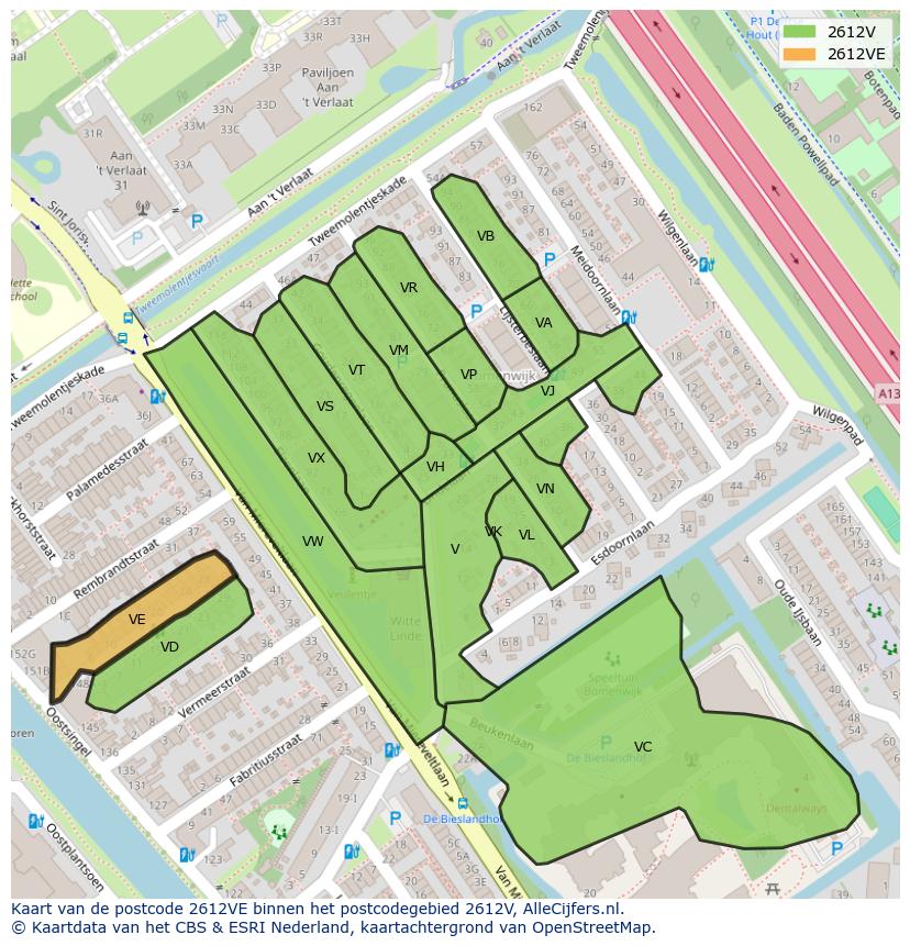 Afbeelding van het postcodegebied 2612 VE op de kaart.