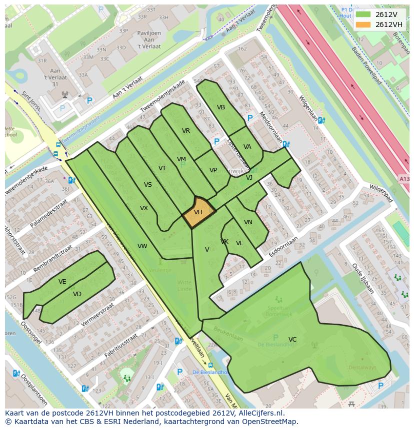 Afbeelding van het postcodegebied 2612 VH op de kaart.