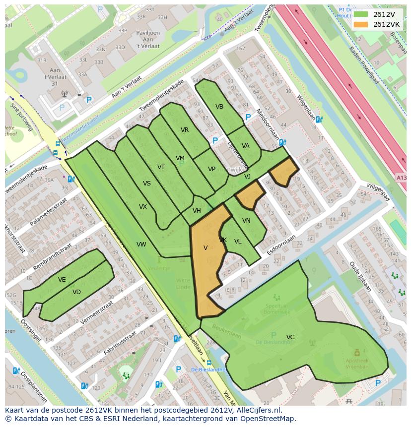 Afbeelding van het postcodegebied 2612 VK op de kaart.
