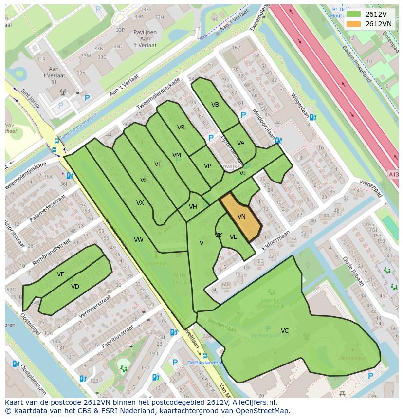 Afbeelding van het postcodegebied 2612 VN op de kaart.