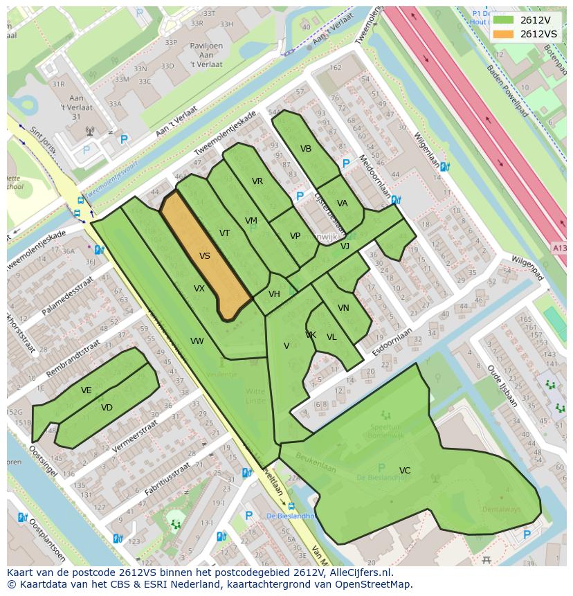 Afbeelding van het postcodegebied 2612 VS op de kaart.