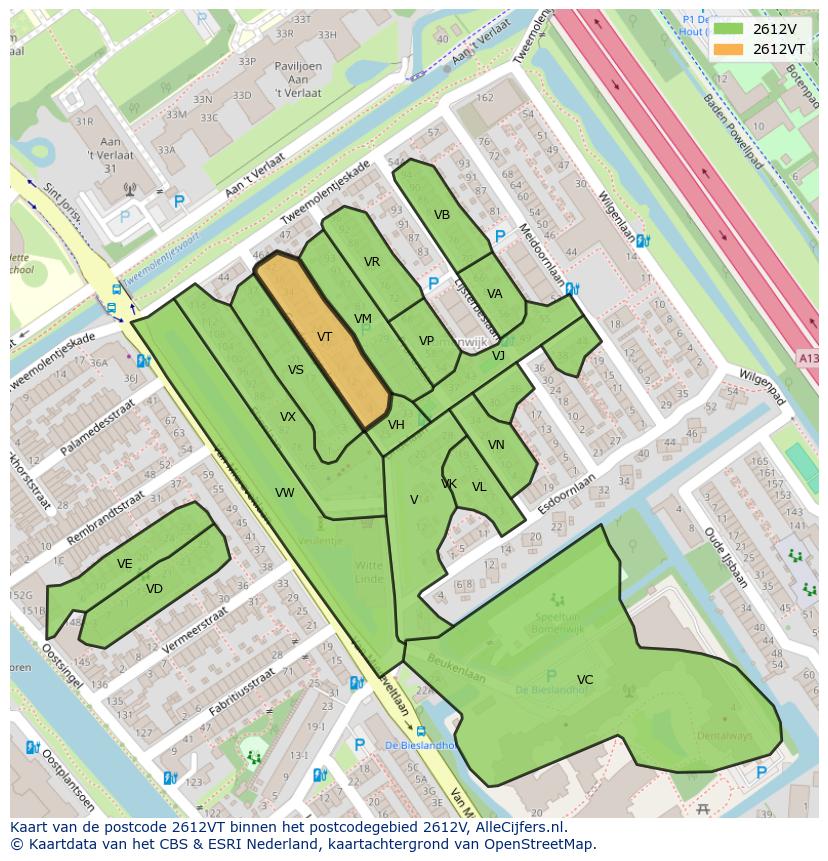 Afbeelding van het postcodegebied 2612 VT op de kaart.