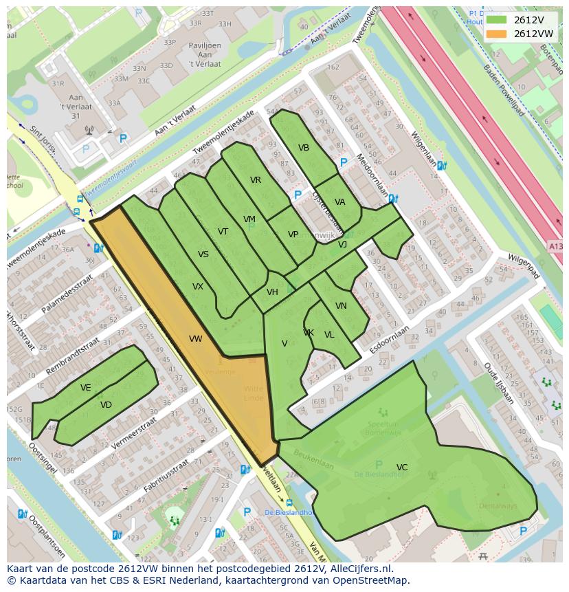 Afbeelding van het postcodegebied 2612 VW op de kaart.