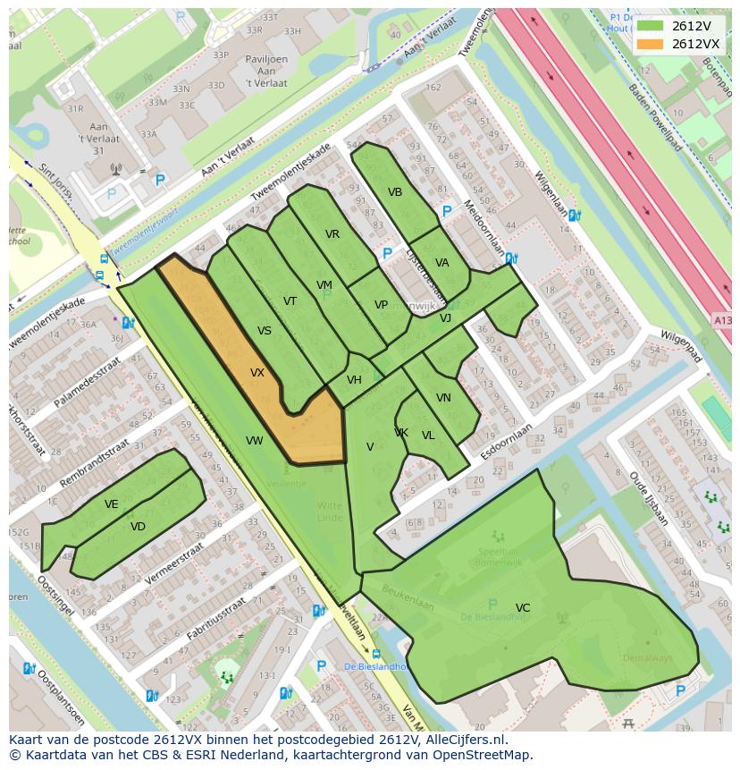 Afbeelding van het postcodegebied 2612 VX op de kaart.