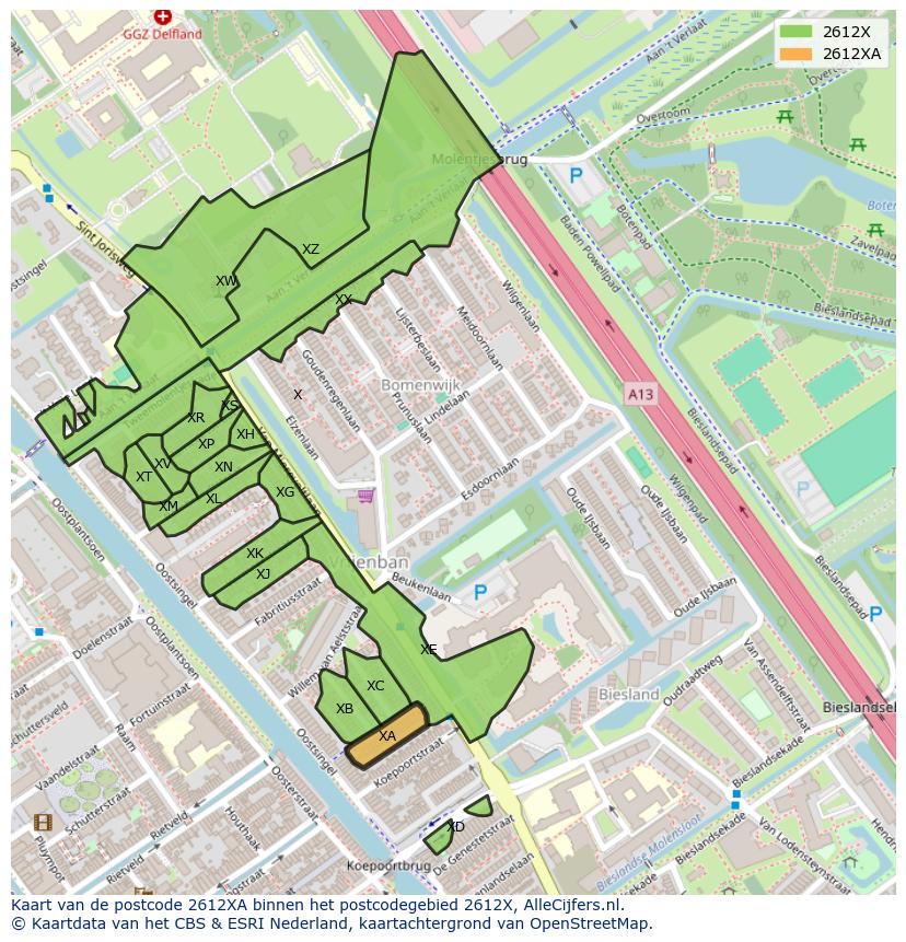 Afbeelding van het postcodegebied 2612 XA op de kaart.