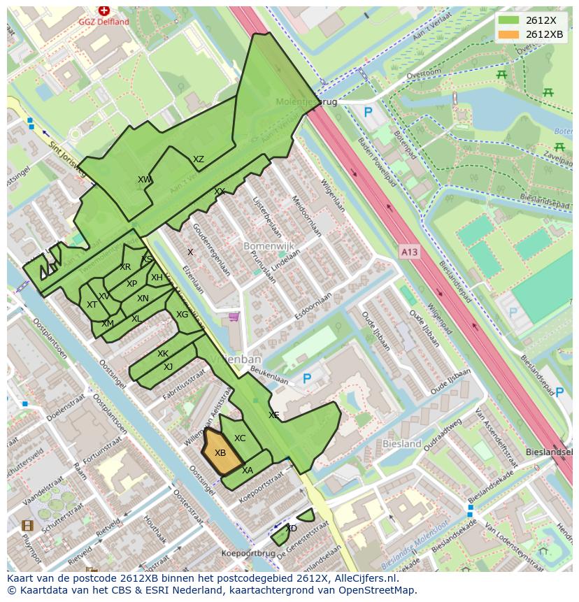 Afbeelding van het postcodegebied 2612 XB op de kaart.