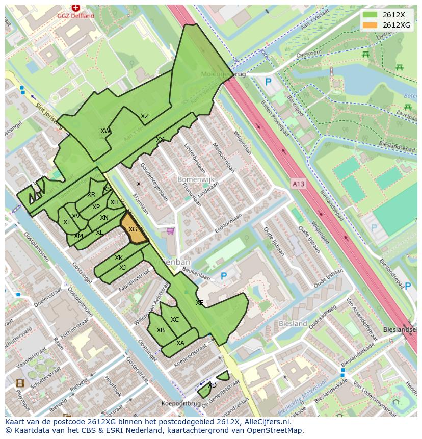 Afbeelding van het postcodegebied 2612 XG op de kaart.