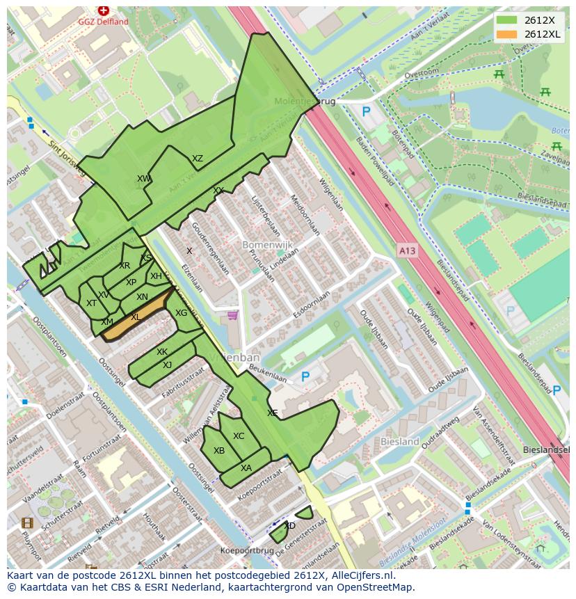 Afbeelding van het postcodegebied 2612 XL op de kaart.