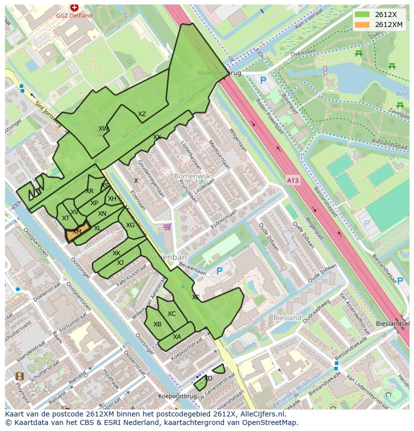 Afbeelding van het postcodegebied 2612 XM op de kaart.