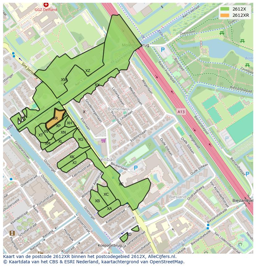 Afbeelding van het postcodegebied 2612 XR op de kaart.