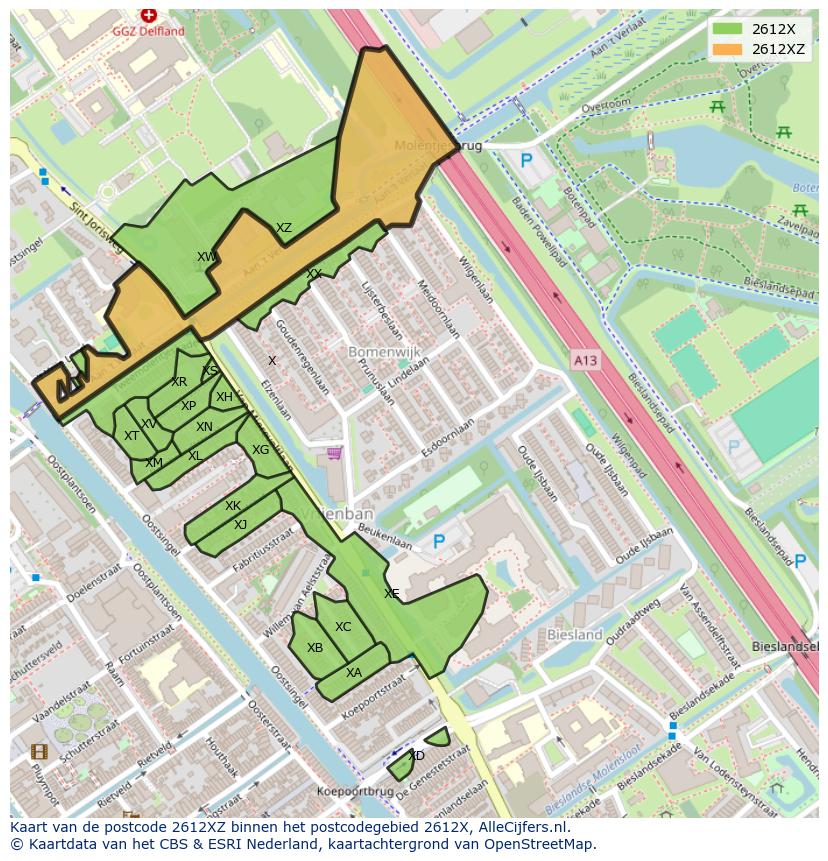 Afbeelding van het postcodegebied 2612 XZ op de kaart.