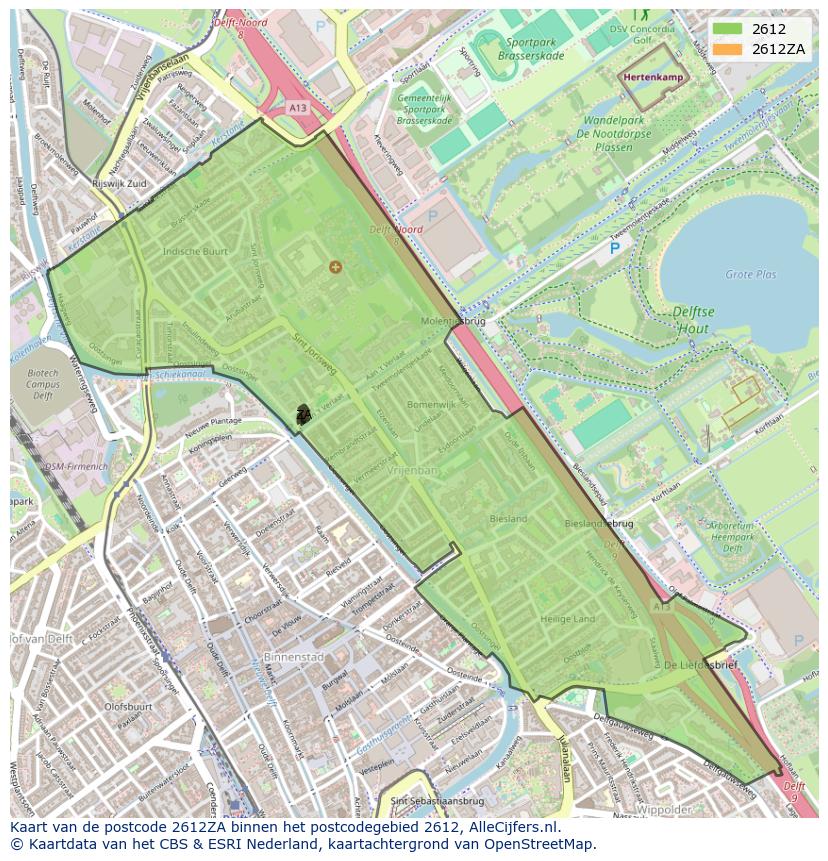 Afbeelding van het postcodegebied 2612 ZA op de kaart.