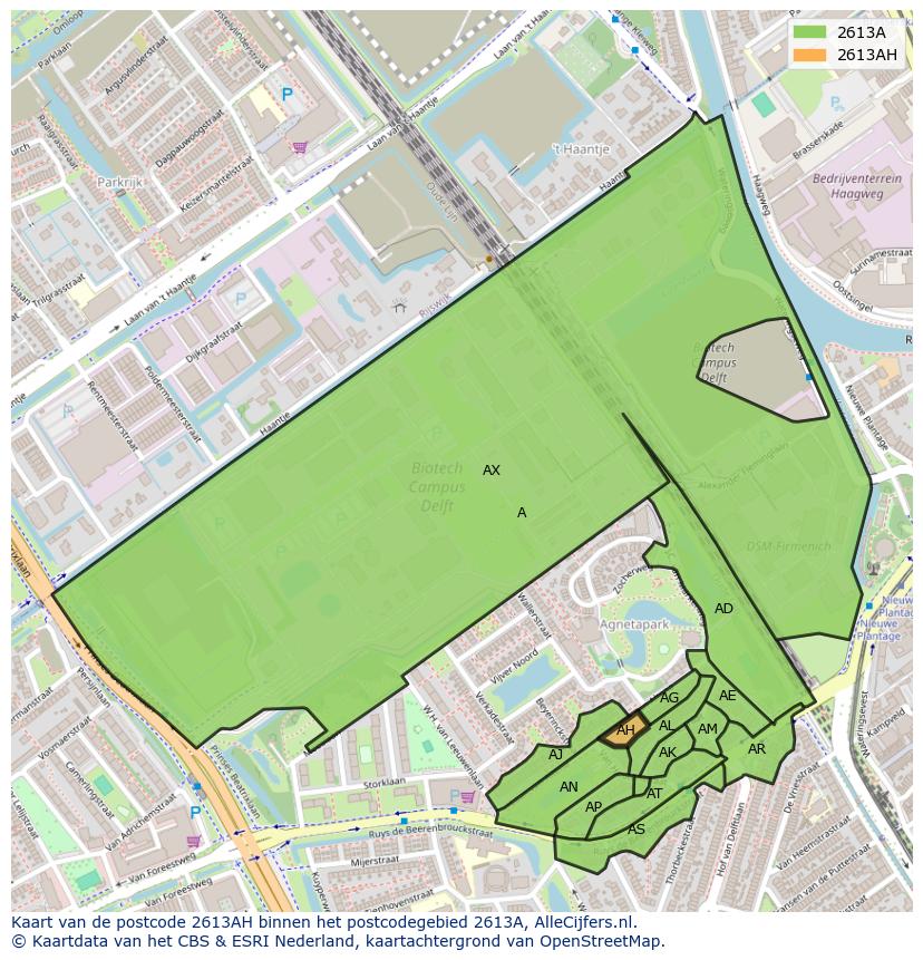 Afbeelding van het postcodegebied 2613 AH op de kaart.