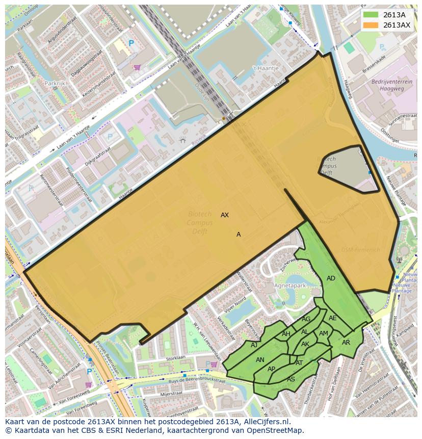 Afbeelding van het postcodegebied 2613 AX op de kaart.