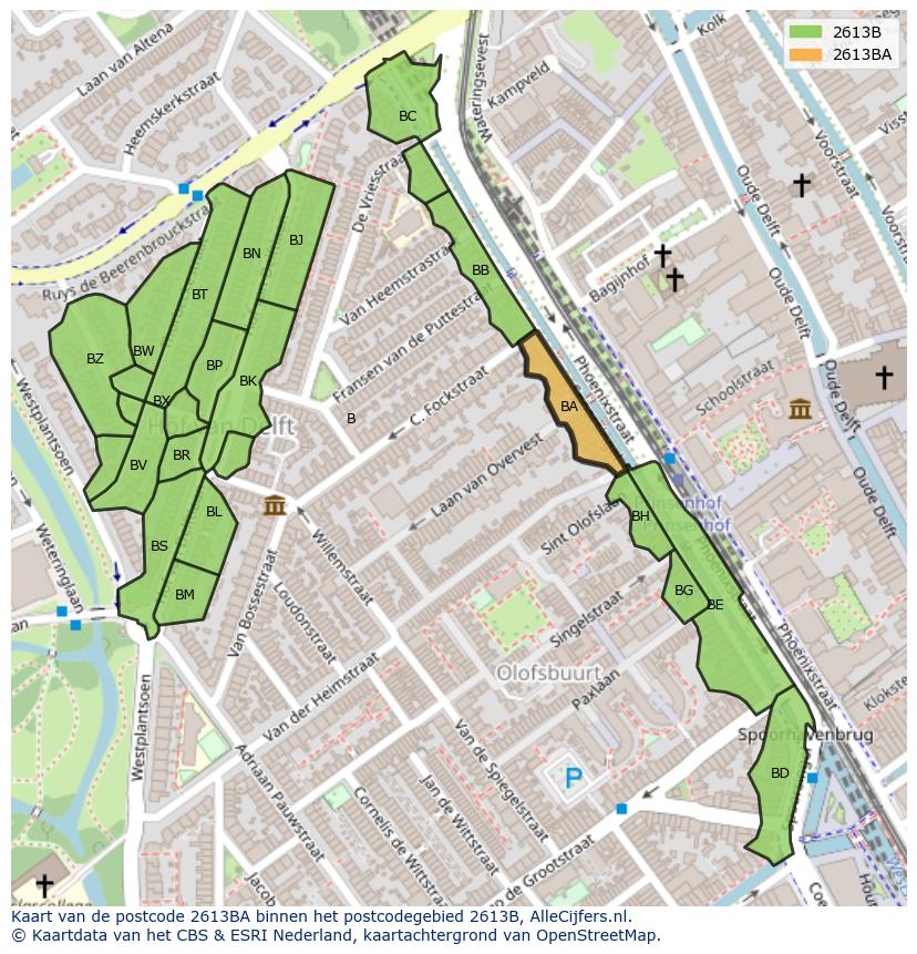 Afbeelding van het postcodegebied 2613 BA op de kaart.