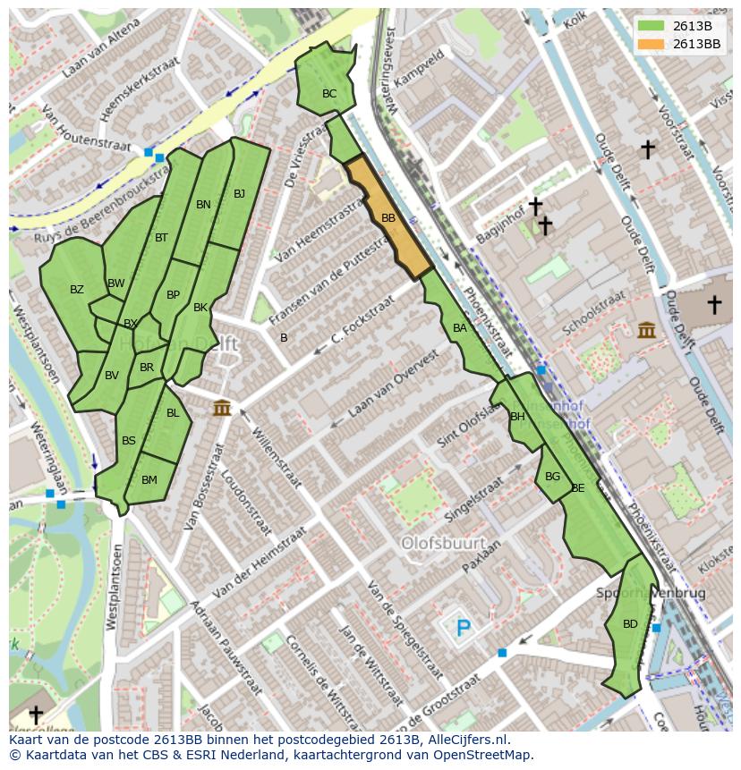 Afbeelding van het postcodegebied 2613 BB op de kaart.