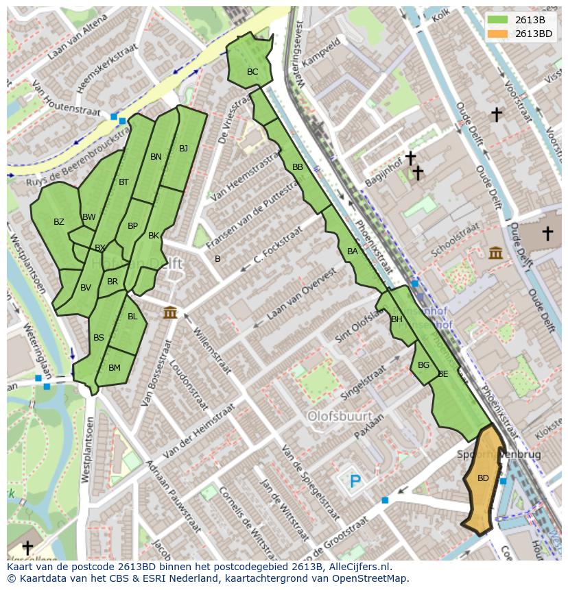 Afbeelding van het postcodegebied 2613 BD op de kaart.