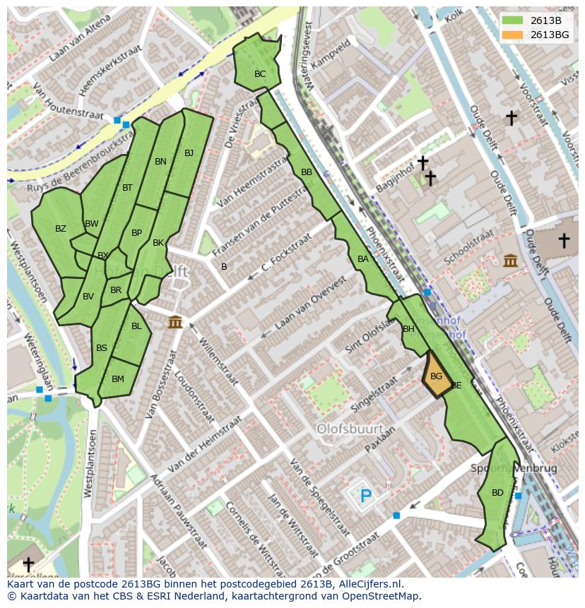 Afbeelding van het postcodegebied 2613 BG op de kaart.