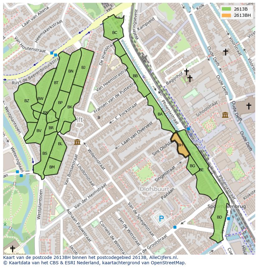 Afbeelding van het postcodegebied 2613 BH op de kaart.