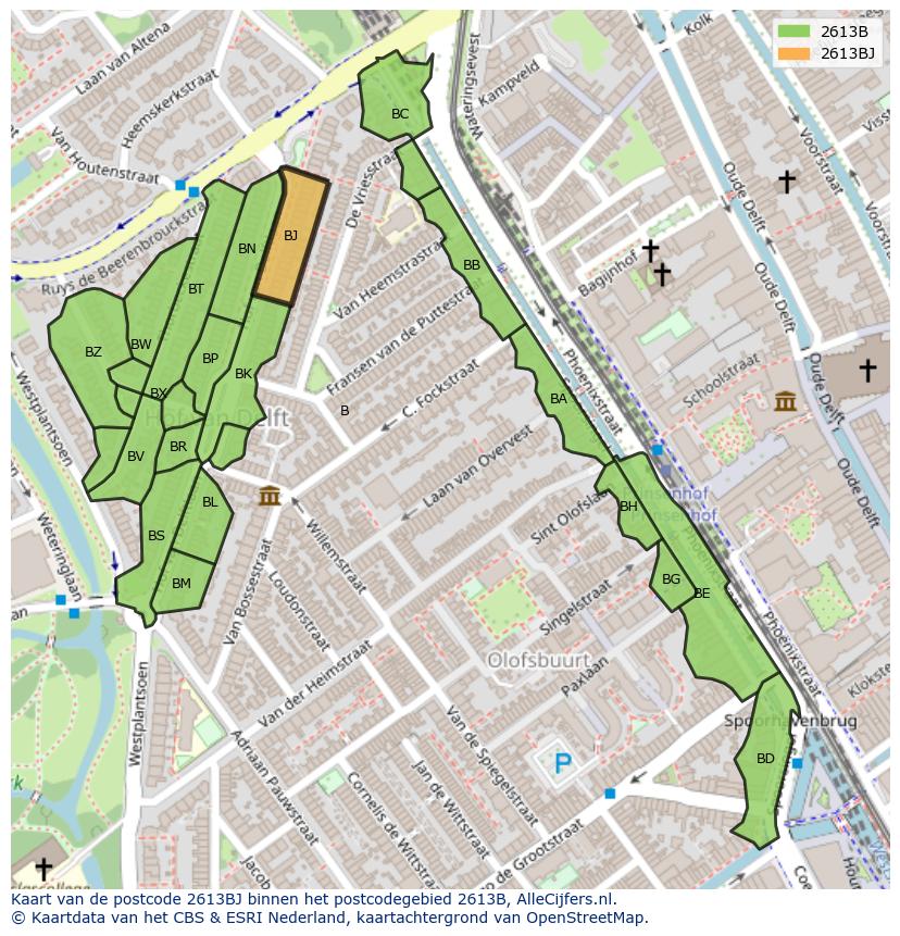 Afbeelding van het postcodegebied 2613 BJ op de kaart.