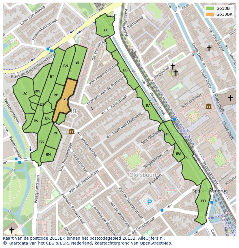 Afbeelding van het postcodegebied 2613 BK op de kaart.
