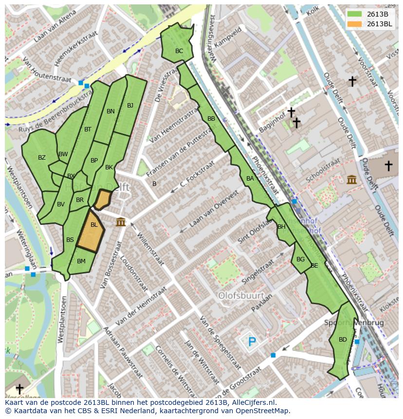 Afbeelding van het postcodegebied 2613 BL op de kaart.