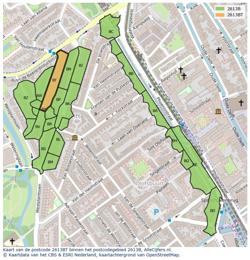 Afbeelding van het postcodegebied 2613 BT op de kaart.