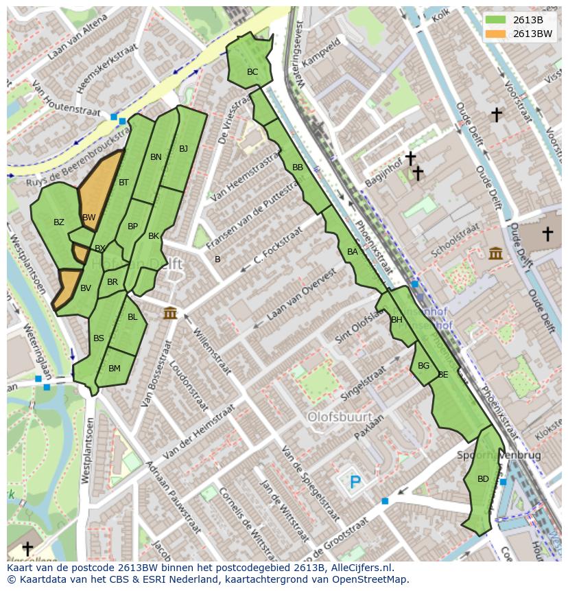 Afbeelding van het postcodegebied 2613 BW op de kaart.