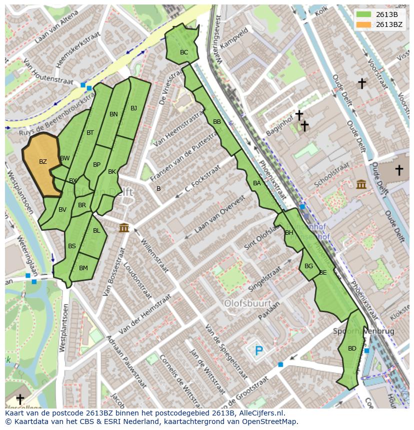 Afbeelding van het postcodegebied 2613 BZ op de kaart.