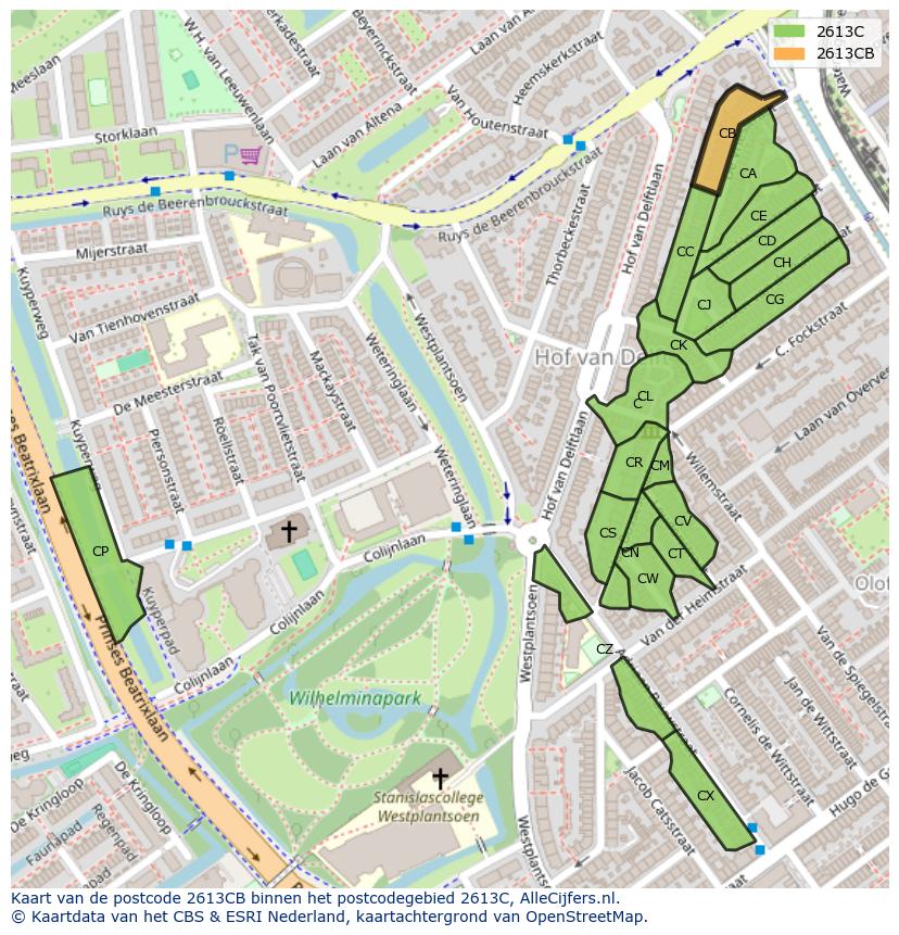Afbeelding van het postcodegebied 2613 CB op de kaart.