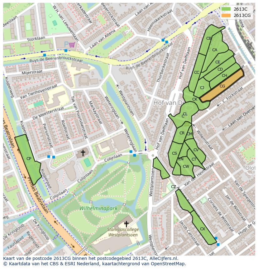 Afbeelding van het postcodegebied 2613 CG op de kaart.