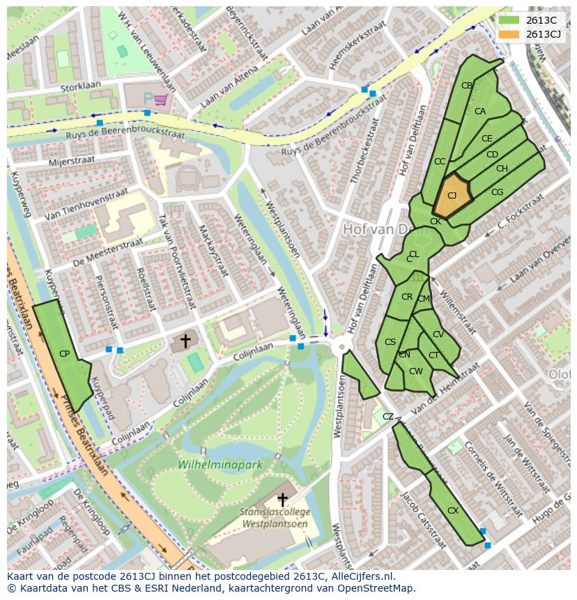 Afbeelding van het postcodegebied 2613 CJ op de kaart.