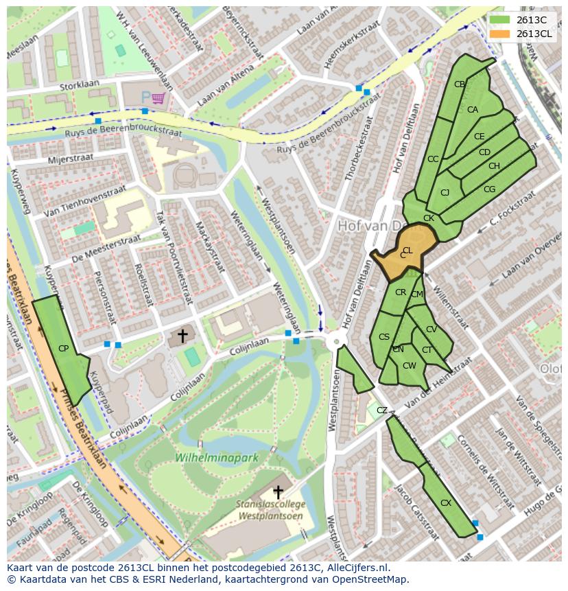 Afbeelding van het postcodegebied 2613 CL op de kaart.