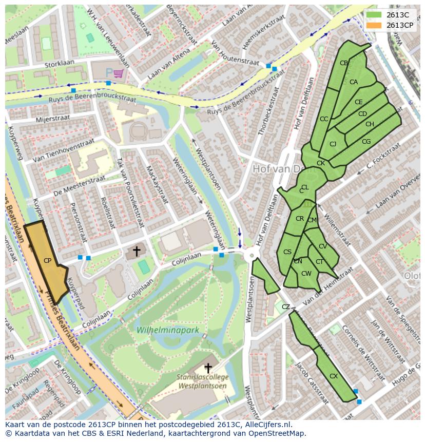 Afbeelding van het postcodegebied 2613 CP op de kaart.