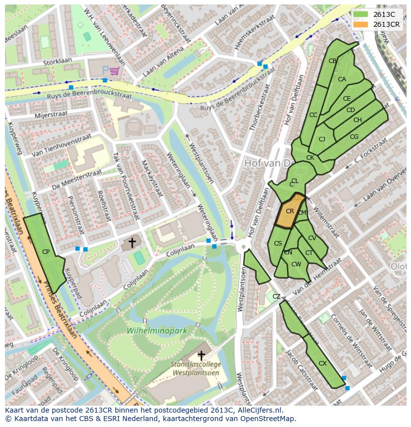 Afbeelding van het postcodegebied 2613 CR op de kaart.