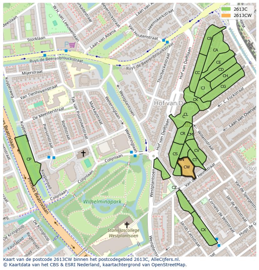 Afbeelding van het postcodegebied 2613 CW op de kaart.