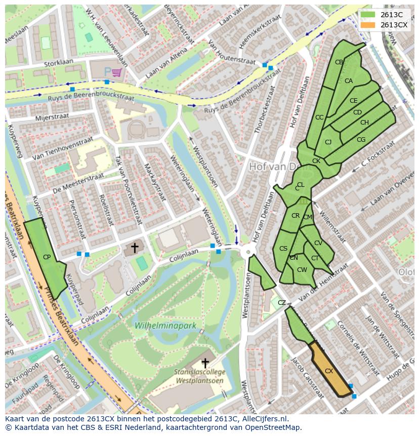 Afbeelding van het postcodegebied 2613 CX op de kaart.