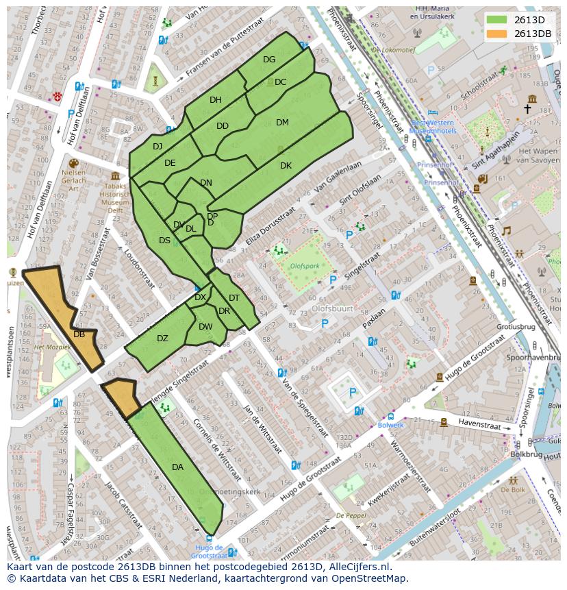 Afbeelding van het postcodegebied 2613 DB op de kaart.