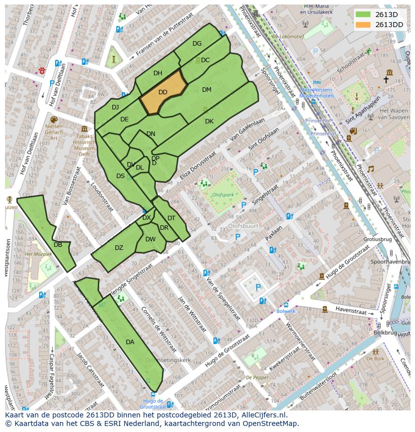 Afbeelding van het postcodegebied 2613 DD op de kaart.