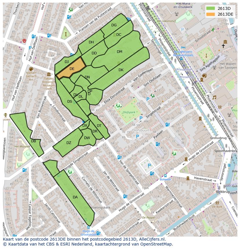 Afbeelding van het postcodegebied 2613 DE op de kaart.