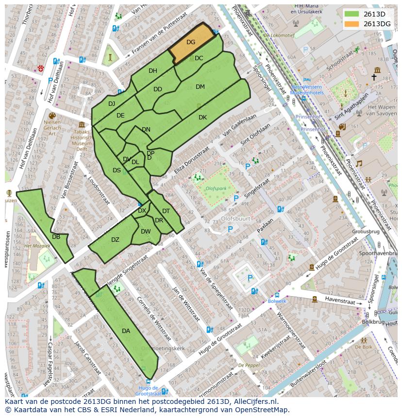 Afbeelding van het postcodegebied 2613 DG op de kaart.