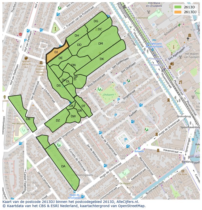 Afbeelding van het postcodegebied 2613 DJ op de kaart.