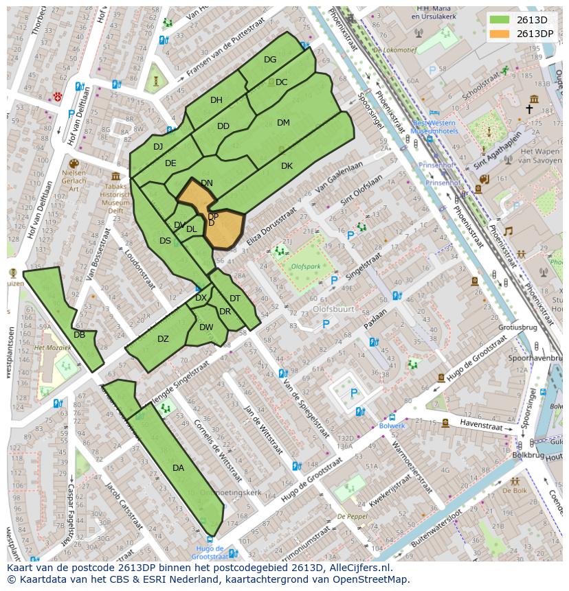 Afbeelding van het postcodegebied 2613 DP op de kaart.